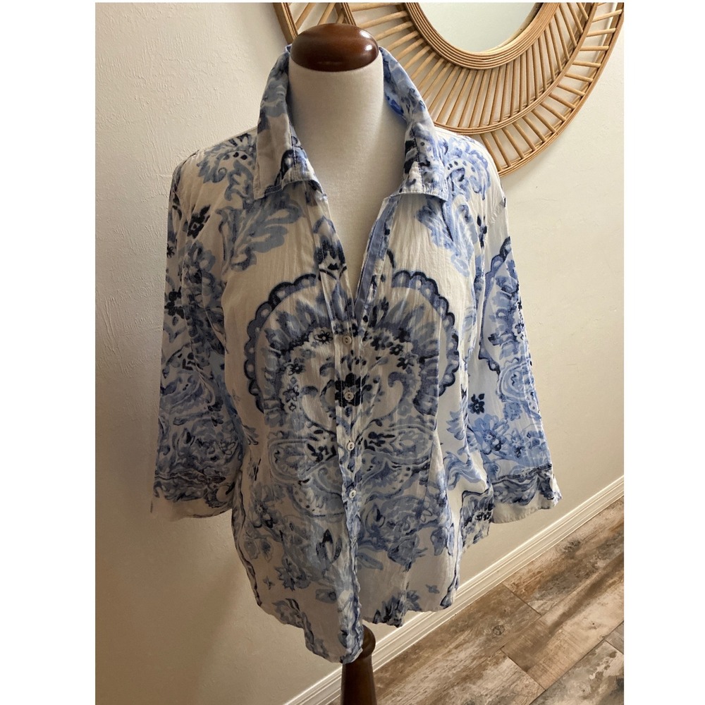 CINO Blue and White Damask Cotton Button Down Blouse XXL 3/4 Sleeve